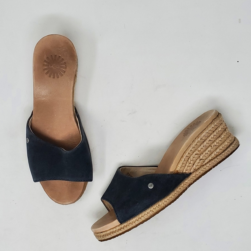 UGG Mandalay Espadrille Black Suede Wedge Slide Sandals Size 5